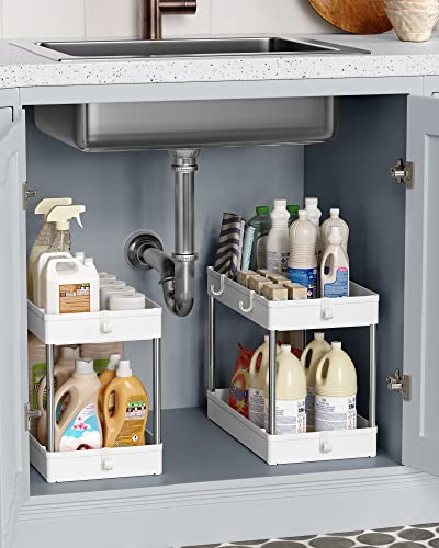 Under Sink Organizer, Under Bathroom Sink Storage 2 Tier Organizer Bath Collection Baskets with Hooks，White