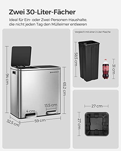 Double Rubbish Bin, 2 x 30 L Dual Compartment Kitchen Bin with 15 Rubbish Bags, Metal Pedal Bin with Plastic Inner Buckets and Lids, Soft Close, Odour Seal, Silver and Black