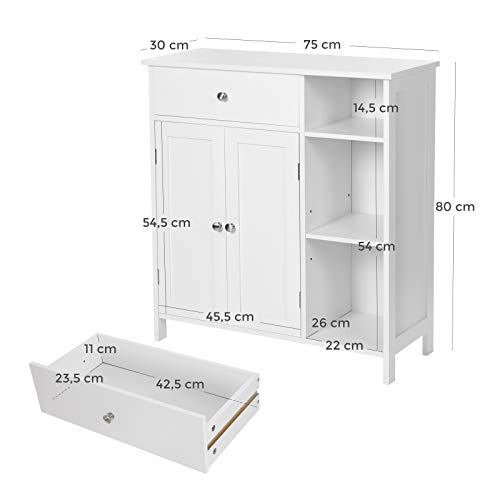 Bathroom Floor Cabinet, Storage Organiser Unit, Cupboard with Drawer, 3 Open Compartments, Adjustable Shelves, 2 Doors, 75 x 30 x 80 cm, Scandinavian Nordic Style, Matte White