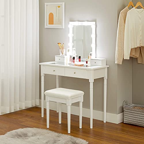 Dressing Table Set, Padded Stool and 10 Dimmable Bulbs, 2 Large and 2 Small Drawers, Transparent Tempered Glass Tabletop, Gift Idea, White