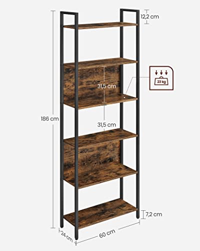 Bookcase, Shelving Unit with 6 Shelves, Bookshelf, Steel Structure, for Living Room, Hallway, Office, Industrial Style, Rustic Brown and Black