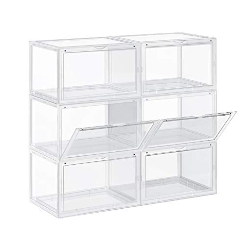 Shoe Boxes, Pack of 6 Stackable Shoe Organisers with Clear Door, Plastic Shoe Storage for UK Size 11, 36 x 28 x 22 cm, Transparent