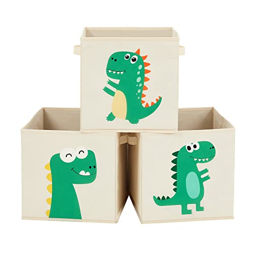 Storage Boxes, Set of 3, Storage Baskets, Toy Storage, Fabric Boxes, 30 x 30 x 30 cm, Foldable, with Handles, Bedroom, Playroom, Dinosaurs, Beige