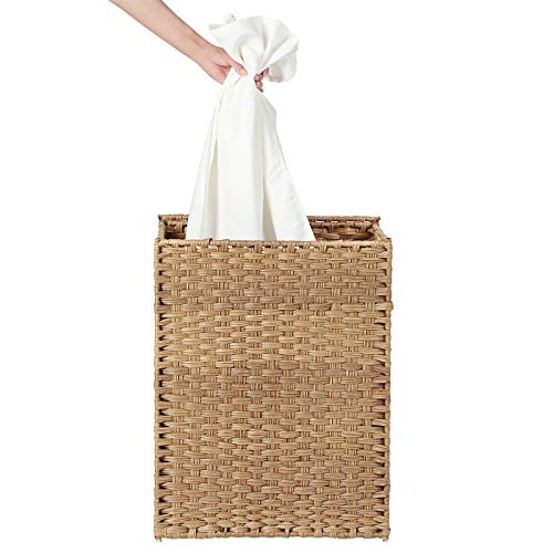 Handwoven Laundry Basket, 90L Synthetic Rattan Clothes Hamper with Lid and Handles, Foldable, Removable Liner Bag, Natural