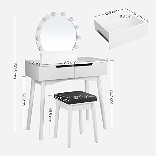 Makeup Vanity Set with 10 Light Bulbs and Touch Switch, Dressing Makeup Table Desk with Large Round Mirror, 2 Sliding Drawers, 1 Cushioned Stool, White U