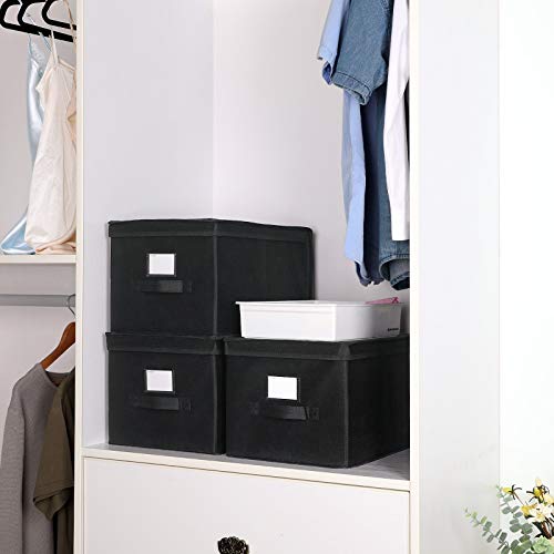 Set of 3 Foldable Storage Boxes with Lids, Fabric Cubes with Label Holders, Storage Bins Organiser, 40 x 30 x 25 cm, Black