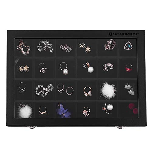 Jewellery Box, Jewellery Organiser with 24 Compartments, Ring Display Case with Velvet Lining, Jewellery Display Boxwith Glass Lid and Closure, Gift Idea, Black