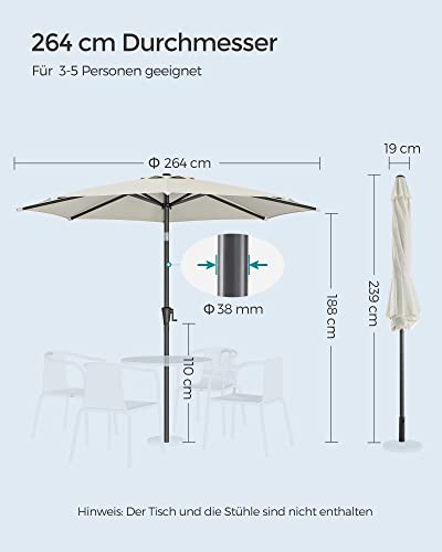 264 cm Garden Parasol Umbrella, UPF 50+, Sun Shade, 30° Tilt in 2 Directions, Crank Handle for Opening and Closing, for Outdoor Gardens Pool Balcony Patio, Base Not Included, Beige