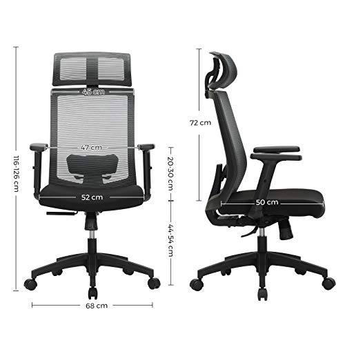 Ergonomic Office Chair, Mesh Computer Armchair, Lumbar Support, Adjustable Headrest and Armrests, Adjustable Backrest Lockable Up to 120°, Grey