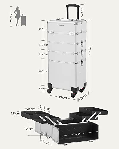 Cosmetic Case, Trolley Case, 4-in-1 Vanity Case, Makeup Case for Travel, Large Hairdressing Case, Lockable, 360° Rotating Universal Wheels, silver