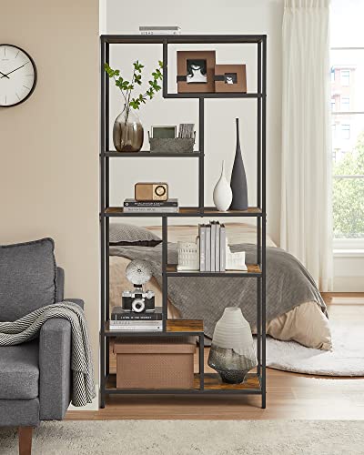 Bookshelf, 6-Tier Bookcase, Geometric Display Shelf, Standing Storage Shelf, 30 x 80 x 180 cm, for Study, Office, Living Room, Bedroom, Kitchen, Rustic Brown and Black