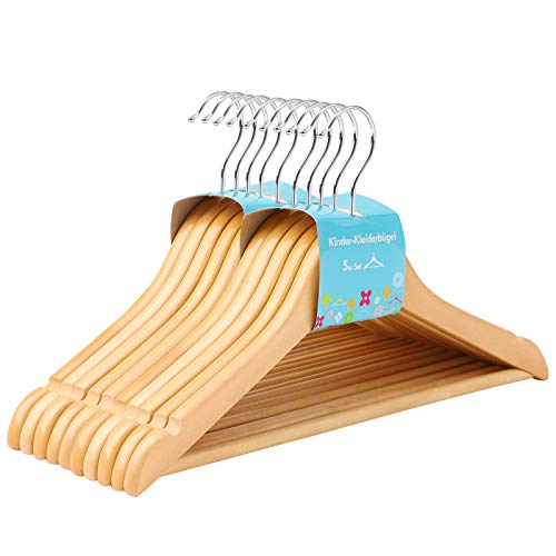 Solid Wood Children’s Hangers, 10-Pack Robust Kid’s Clothes Hangers, with Trousers Bar, Shoulder Notches, 360 Degree Swivel Hooks, 35 x 1.2 x 20 cm, Natural