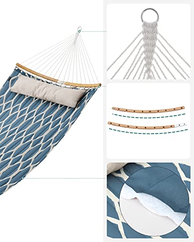 Hammock, Quilted Fabric Hammock with Detachable Curved Bamboo Spreaders, Pillow, 200 x 140 cm, Load Capacity 225 kg, Blue and Beige Rhombus