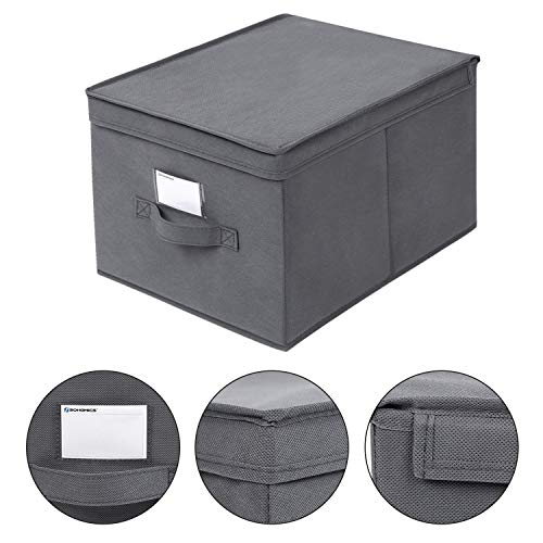 Set of 3 Foldable Storage Boxes with Lids, Fabric Cubes with Label Holders, Storage Bins Organiser, 40 x 30 x 25 cm, Grey