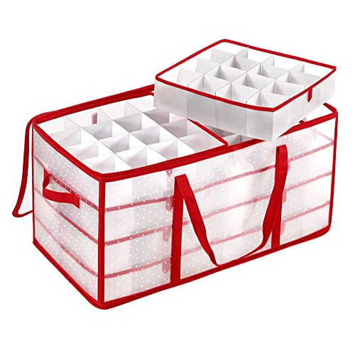 Christmas Ornament Storage Box, Storage Cube Bin for Christmas Decorations, 128 Box Places, Modular Dividers, 67 x 34 x 34 cm, Semi-Transparent and Red