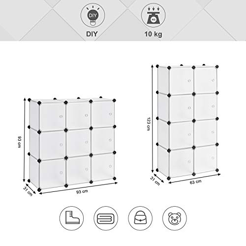 9-Cube Storage Organiser Unit, Plastic Closet with Doors, Modular Cabinet for Clothes, Shoes, Toys, Books, Easy to Assemble, White