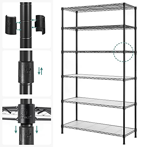 Kitchen Shelf with 6 Levels, Metal Shelf, Standing Shelf, Height Adjustable Mesh Shelf, with PP Plastic Plates, 8 S-Hooks, for Kitchen, Living Room, Space Saving, Black