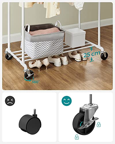 Clothes Rail, Clothes Rack, Coat Stand with Double Hanging Rail, Wheels, Storage Shelf, Maximum Load of 110 kg, Industrial Style, for Bedroom, Dressing Room White