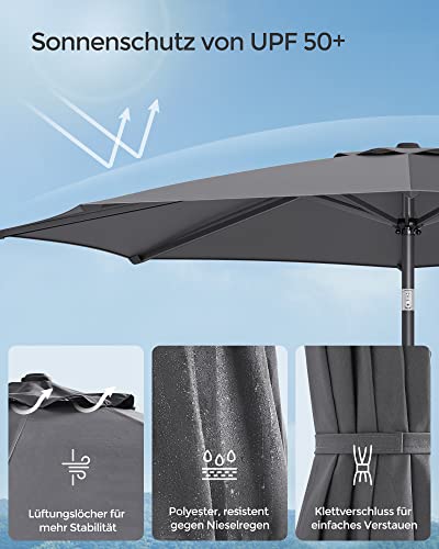 290 cm Garden Parasol Umbrella, UPF 50+, Sun Shade, 30° Tilt in 2 Directions, Crank Handle for Opening and Closing, for Outdoor Gardens Pool Balcony Patio, Base Not Included, Grey