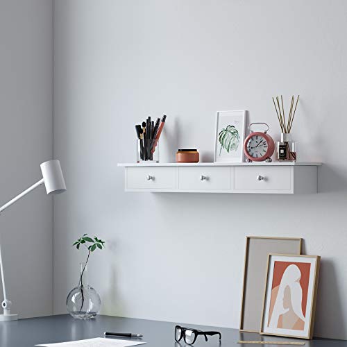 Floating Wall Shelf with 3 Drawers, Hallway Storage Shelf, 80 x 15 x 10 cm, Living Room, Bedroom, Kitchen, High Gloss Paint, White