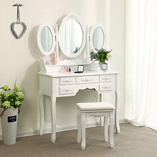 Wall-Fixed Luxurious 3 mirrors Dressing Table Set with stool, 7 drawers with 2 Dividers Make-up Dresser