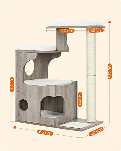 Cat Scratching Post 86 cm Medium Size Cat Scratching Post with 3 Lying Areas and Cave, Cat Tree Made of MDF with Wooden Veneer, Sisal Trunk, Washable Plush Cushions, Grey White