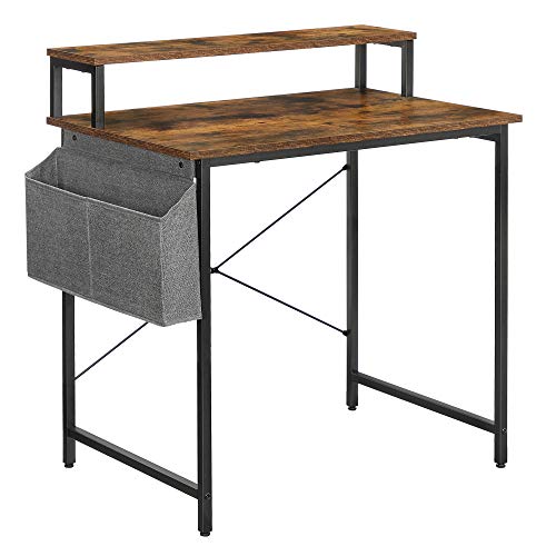 Computer Desk, Writing Study Desk with Monitor Stand, Fabric Storage Bag, X-Bars, Adjustable Feet, 80 x 55 x 90 cm, for Home Office, Industrial, Rustic Brown and Black