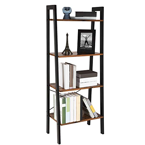 Ladder Shelf, Bookshelf, 4-Tier Industrial Storage Rack for Living Room, Bedroom, Kitchen, Rustic Brown and Black