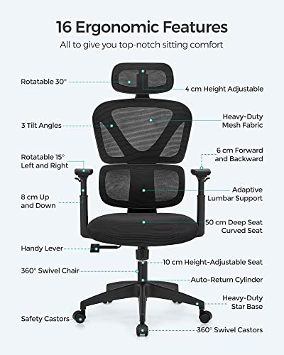 Office Chair, Desk Chair, Ergonomic Swivel Chair, Mesh Covering, 4-Level Adjustable Backrest, Maximum Load 150 kg, Black