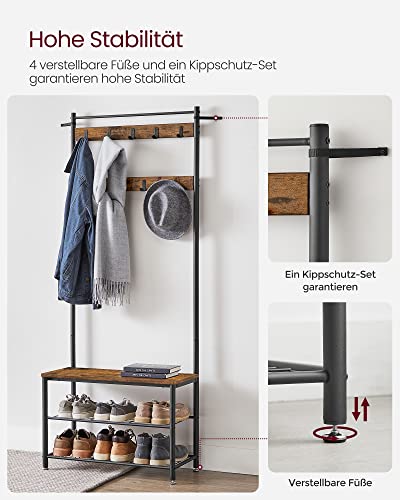 Coat Rack, Coat Stand with Shoe Storage Bench, Hall Tree with Shoe Rack, 3-in-1 Design, Steel Frame, for Hallway, Entrance, 32 x 70 x 175 cm, Industrial, Rustic Brown and Black