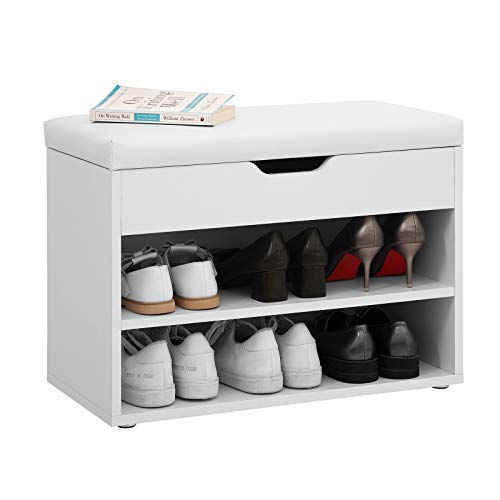 Shoe Rack with Hinged Lid and Padded Seat, Shoe Organizer with 2 Compartments, 60 x 30 x 44 cm, White