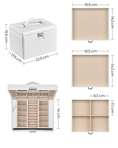 Jewellery Box, Jewellery Organiser 4 Levels, Lockable Jewellery Storage Case with Trays, Velvet Lining, White