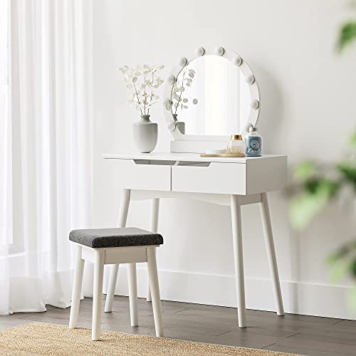 Makeup Vanity Set with 10 Light Bulbs and Touch Switch, Dressing Makeup Table Desk with Large Round Mirror, 2 Sliding Drawers, 1 Cushioned Stool, White U