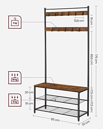 Coat Rack, Coat Stand with Shoe Storage Bench, Hall Tree with Shoe Rack, 3-in-1 Design, Steel Frame, for Hallway, Entrance, 32 x 85 x 175 cm, Industrial, Rustic Brown and Black