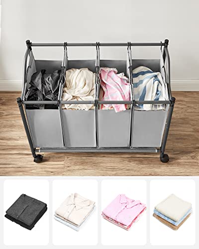 Rolling Laundry Sorter, Laundry Basket with 4 Removable Bags, Laundry Hamper, Laundry Trolley, for Laundry Room, Bedroom, Bathroom, 4 x 35L, Grey