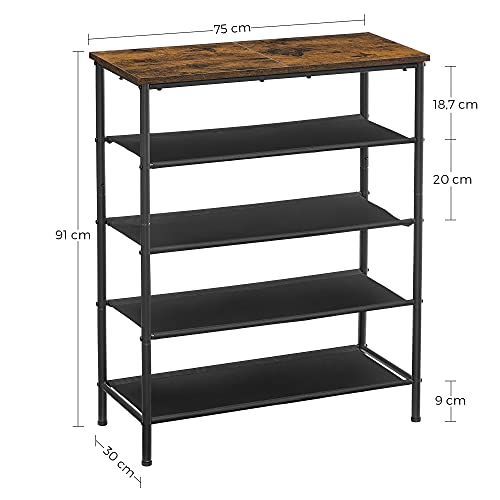 Shoe Rack 5 Tier, Shoe Storage Organiser Narrow, with 4 Fabric Shelves and Top for Bags, Steel Frame, for Entryway, Closet, Industrial, Rustic Brown and Black