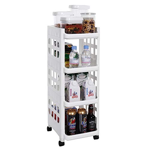 4 Tier Plastic Rolling Cart PP Storage Trolley with Castors for Kitchen Bathroom Utility and Organisation Cart White