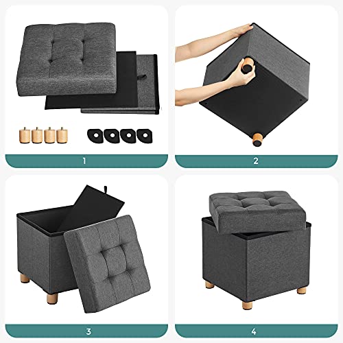 Collapsible Cube Ottoman Storage and Foot Stool with Wooden Feet and Lid Dark Grey