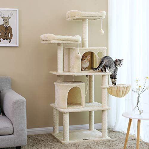 Cat Tree, Tall Cat Tower, 2 Caves, Beige