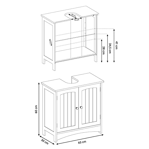 Under Sink Storage Cabinet Bathroom Floor Cabinet with 2 Door Adjustable Shelf 60 x 30 x 60 cm White