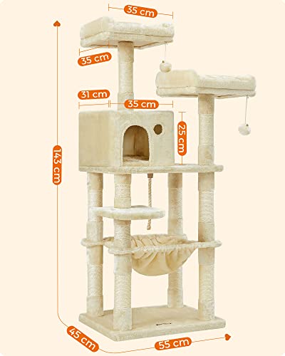 Cat Tree, Stable Cat Tower, 2 Plush Perches, 143cm, Beige