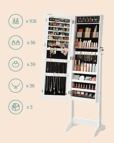 Jewelry Cabinet Armoire, Freestanding Lockable Storage Organizer Unit with 2 Plastic Cosmetic Storage, Full-Length Frameless Mirror, for Necklace Earring, White U