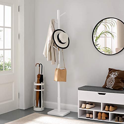 Coat Rack, Solid Wood Coat Stand, Free Standing Hall Coat Tree with 8 Hooks for Coats, Hats, Bags, Purses, for Entryway, Hallway, Rubberwood Hooks and Pole, White