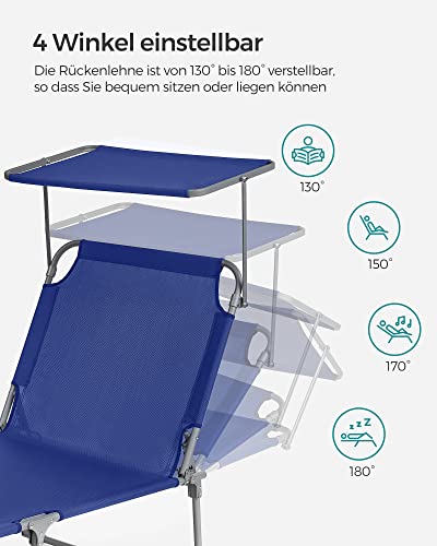 Lounger, Sunbed, Large Reclining Sun Chair, 71 x 200 x 38 cm, Load Capacity 150 kg, with Headrest, Reclining Backrest, Sunshade, Foldable, for Garden, Dark Blue