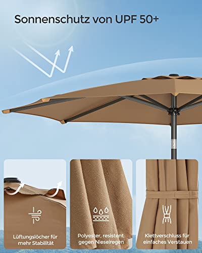 290 cm Garden Parasol Umbrella, UPF 50+, Sun Shade, 30° Tilt in 2 Directions, Crank Handle for Opening and Closing, for Outdoor Gardens Pool Balcony Patio, Base Not Included, Taupe