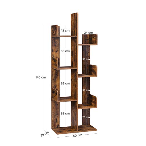 Tree-Shaped Bookcase, Bookshelf with 8 Storage Compartments, 50 x 25 x 140 cm, with Rounded Corners, Rustic Brown