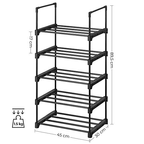 5-Tier Shoe Rack, Set of 2 Metal Shoe Storage Organiser, Stackable Storage Rack, Space-Saving, Freestanding Shelf, for Hallway, Bedroom, Living Room, Black