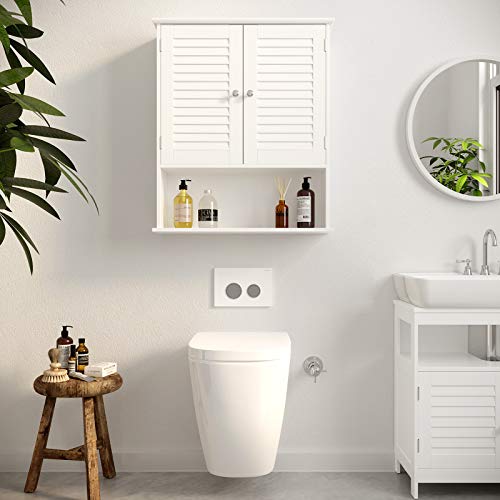 Wall Cabinet, Hanging Bathroom Storage Cabinet, Medicine Cupboard with Adjustable Shelf, Double Shutter Doors and Open Shelf, 60 x 20 x 70 cm, Wooden, White