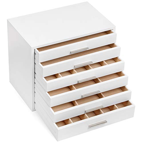 Wooden Jewellery Box, 6-Layer Jewellery Organiser, Ideal for Necklaces, Earrings, Sunglasses, Bracelets, Watches, White