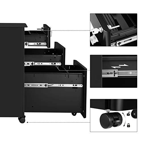 Mobile File Cabinet, Office Cabinet with Wheels and Lock, for A4, Legal, Letter Sized Documents, Hanging File Folders, Black